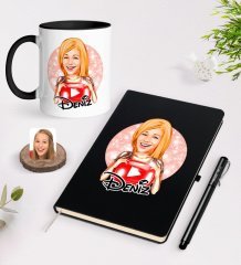 Kişiye Özel Kadın Youtuber Karikatürlü Siyah Defter Kalem ve Kupa Seti-1