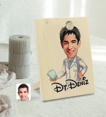Kişiye Özel İsimli Erkek Diş Hekimi Karikatürlü Dekoratif Ahşap Çerçeve Model 3