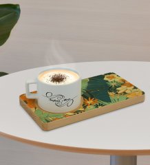 Kişiye Özel Çiçekler Tasarımlı Doğal Ahşap Tabaklı Seramik Fincan Sunum Seti  Model 7