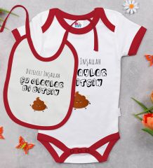 BK Kids Düzelcez İnşallah Tasarımlı Kırmızı Bebek Body Zıbın ve Mama Önlüğü Hediye Seti-1