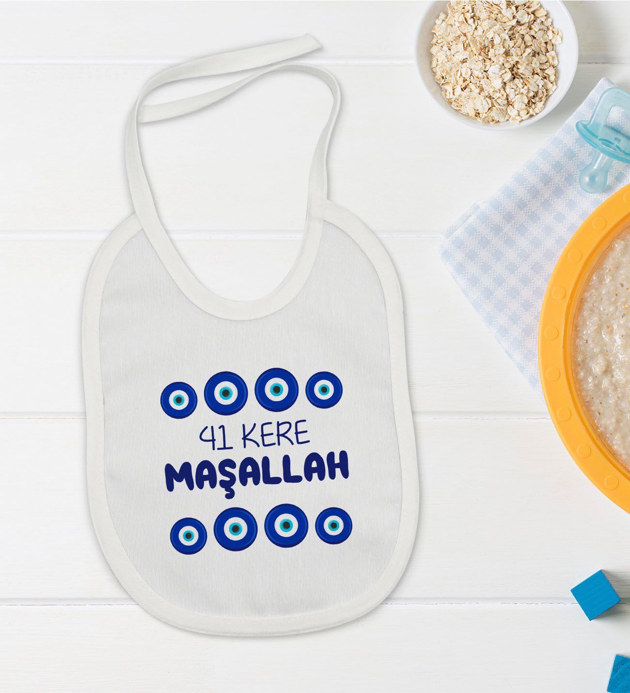 BK Kids Maşallah Tasarımlı Beyaz Bebek Mama Önlüğü-2