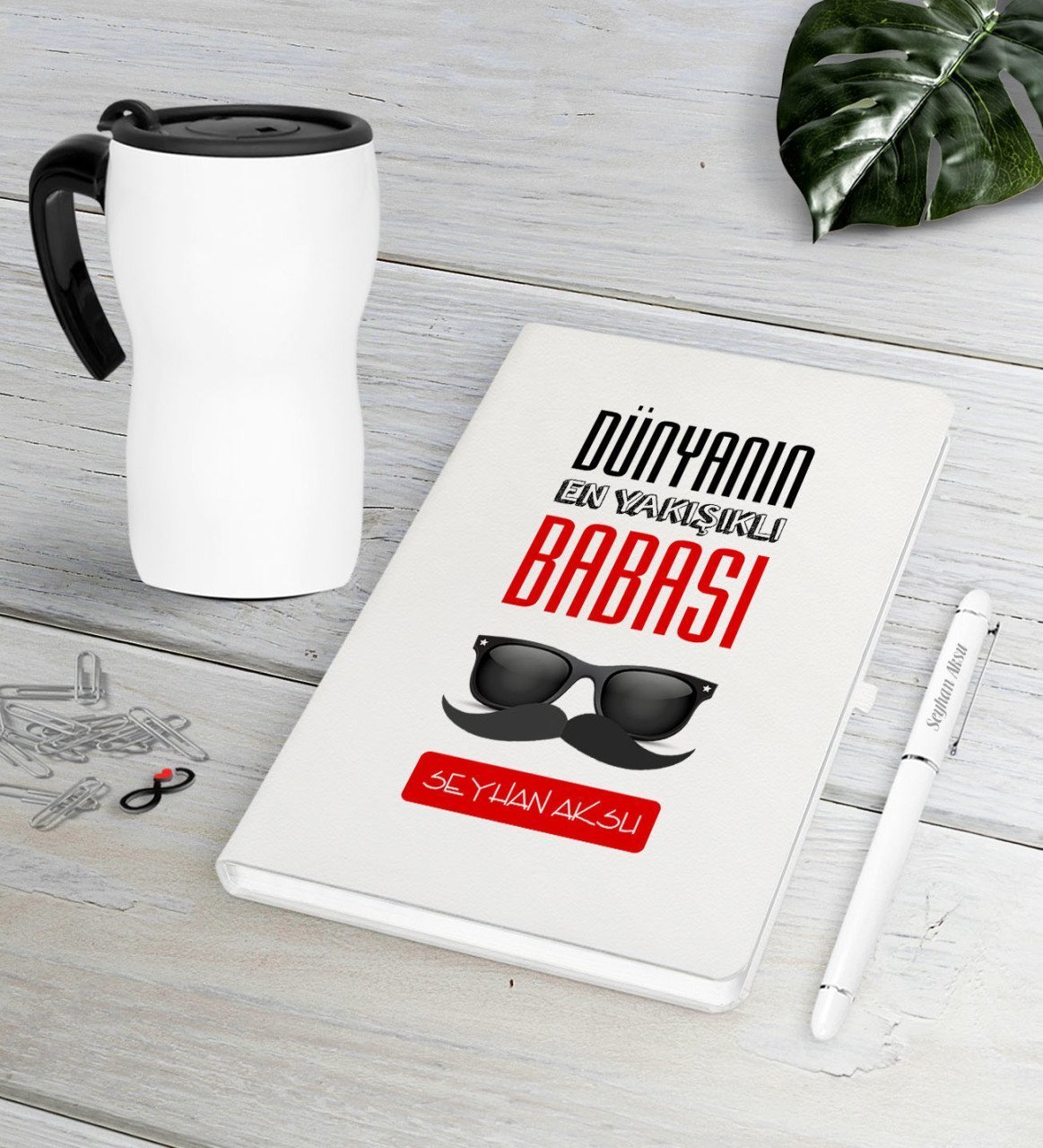 Kişiye Özel Dünyanın En Yakışıklı Babası Beyaz Defter Kalem Termos Mug Seti-2
