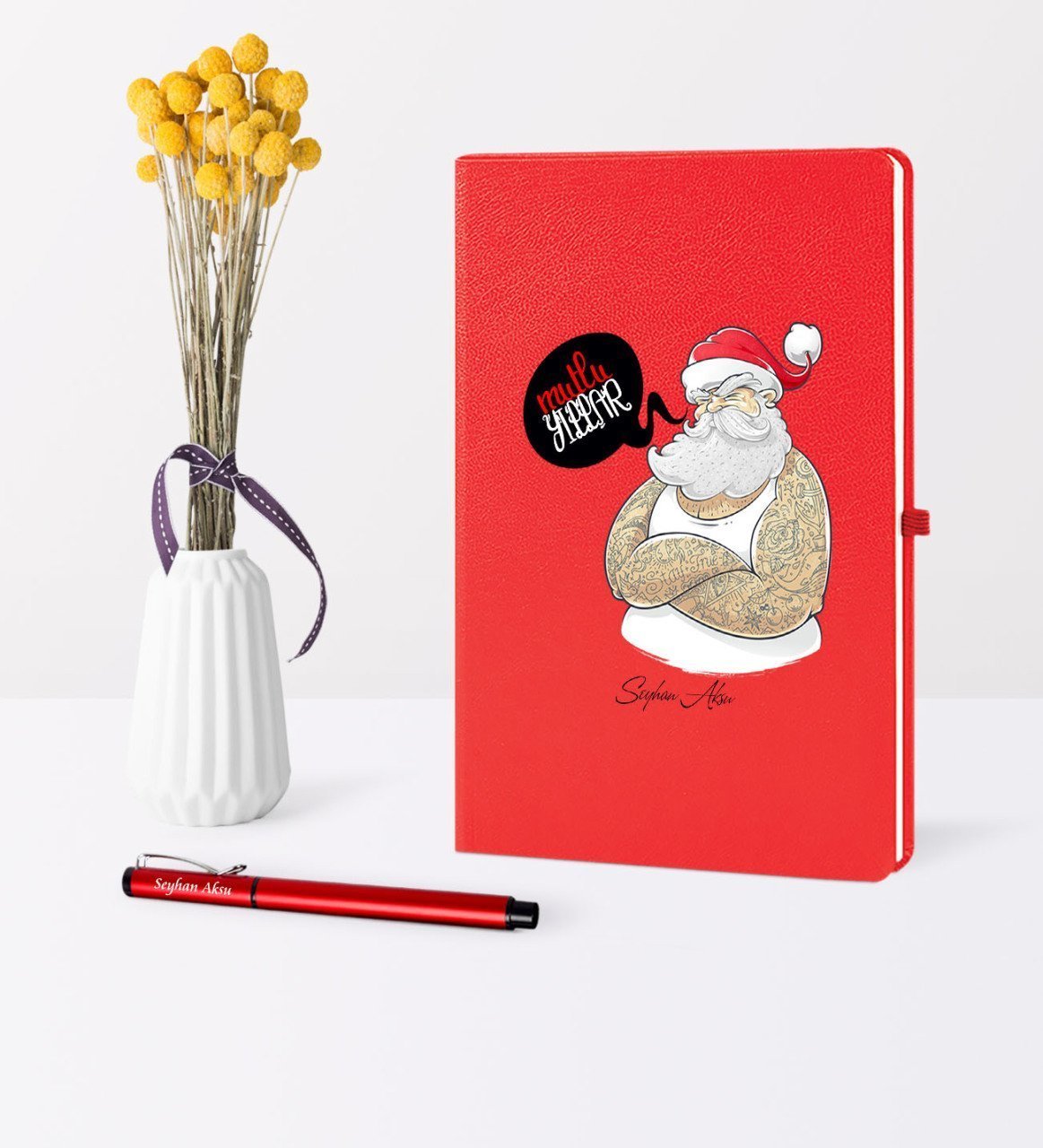 Kişiye Özel Yılbaşı Noel Baba Temalı Kırmızı Defter Kalem Seti - 4