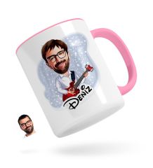 Kişiye Özel Erkek Gitarist Karikatürlü Pembe Kupa Bardak-2