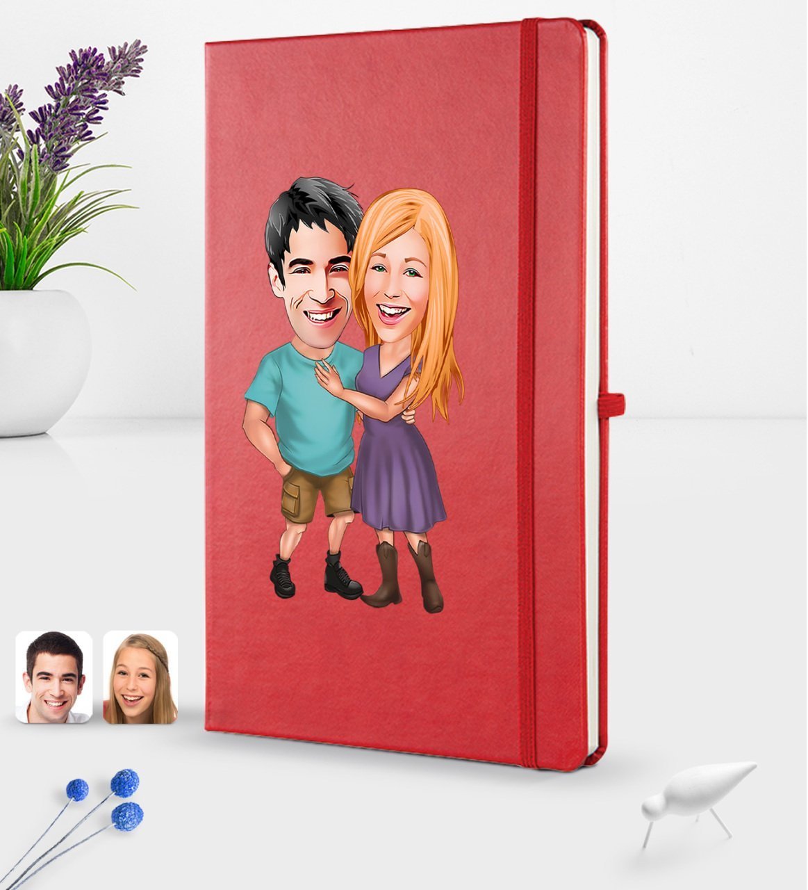Kişiye Özel Sevgililer Karikatürlü Karikatürlü Kırmızı Termo Deri Defter 16x24cm Model 80