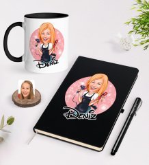 Kişiye Özel Kadın Kuaför Karikatürlü Siyah Defter Kalem ve Kupa Seti-3