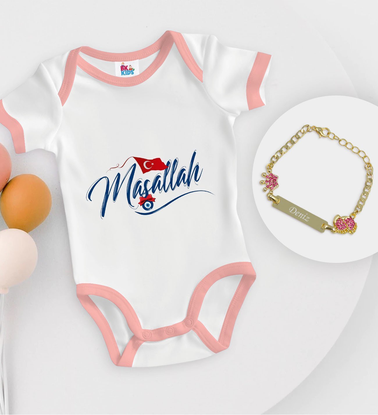 BK Kids Kişiye Özel Maşallah Tasarımlı Pembe Bebek Body Zıbın ve Kız Bebek Künyesi Hediye Seti-3