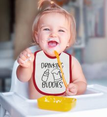 BK Kids Drinking Buddies Tasarımlı Kırmızı Bebek Body Zıbın ve Mama Önlüğü Hediye Seti-1