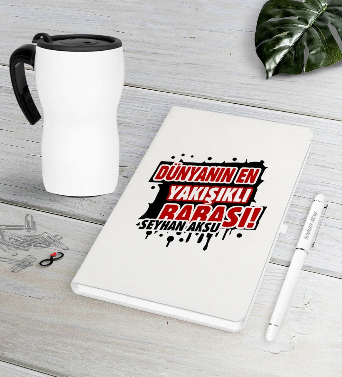 Kişiye Özel Dünyanın En Yakışıklı Babası Beyaz Defter Kalem Termos Mug Seti-1