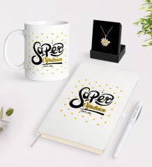 Kişiye Özel Süper Öğretmen Beyaz Kupa Defter Kalem ve İsimli Papatya Kolye Hediye Seti-1