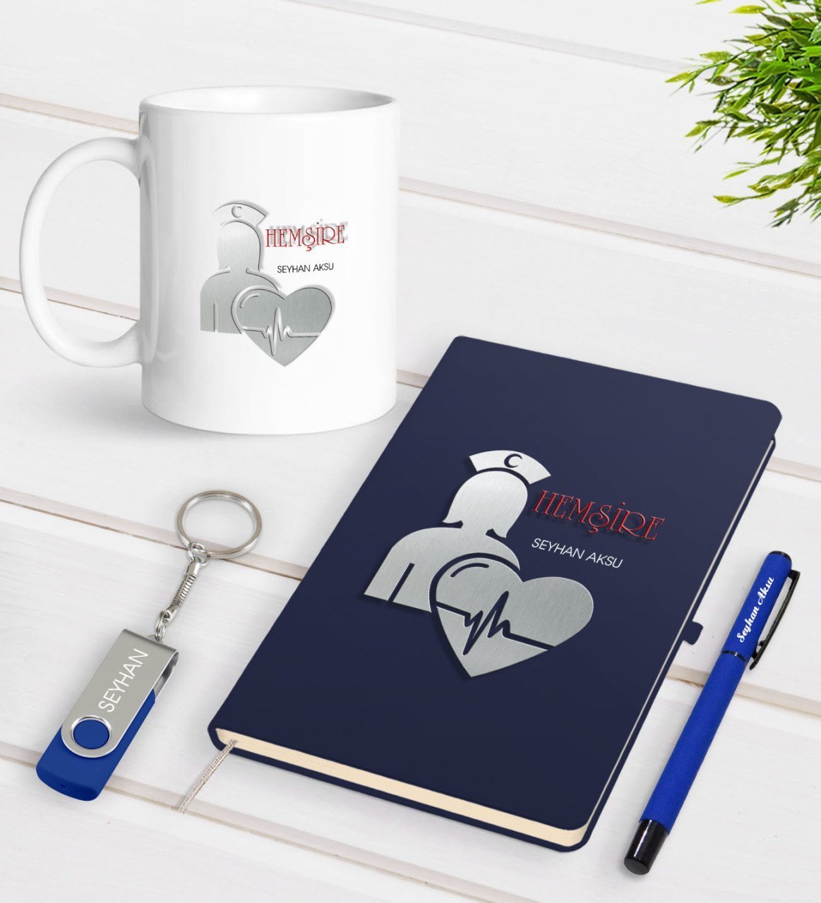 Kişiye Özel Hemşire Temalı Lacivert Defter Kalem Kupa 32gb USB Bellek Hediye Seti-4