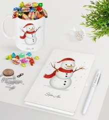 Kişiye Özel Kardan Adam Beyaz Defter Kalem Kupa ve Haribo Şeker Hediye Seti-2