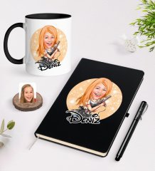 Kişiye Özel Kadın Kuaför Karikatürlü Siyah Defter Kalem ve Kupa Seti-2