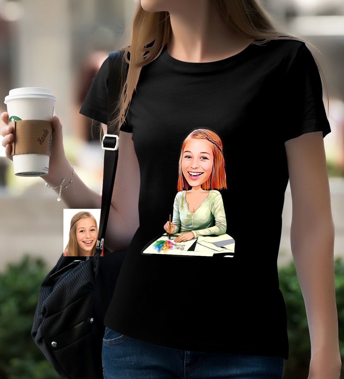 Kişiye Özel Bayan Grafik Tasarımcı Karikatürlü Siyah T-Shirt