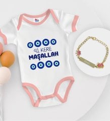 BK Kids Kişiye Özel Maşallah Tasarımlı Pembe Bebek Body Zıbın ve Kız Bebek Künyesi Hediye Seti-2