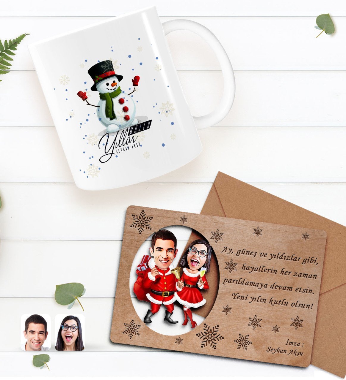 Kişiye Özel Happy New Year Kupa Bardak ve Retro Ahşap Yılbaşı Tebrik Kartı Hediye Seti-2E