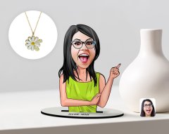 Kişiye Özel Kadın Karikatürlü 3D Ahşap Biblo ve İsimli Tarihli Papatya Kolye Seti-19