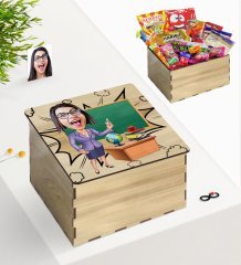 Kişiye Özel Ahşap Kutuda Bayan Öğretmen Karikatürlü Nostaljik Lezzetler Hediye Seti-1