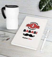 Kişiye Özel Dünyanın 1 Numaralı Babası Beyaz Defter Kalem Termos Mug Seti
