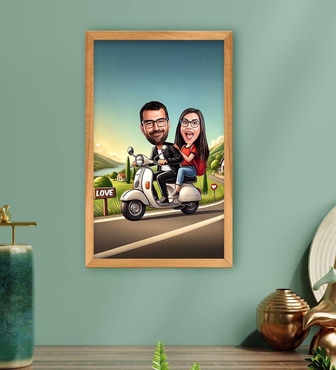 BK Gift Kişiye Özel Doğa Yürüyüşü Karikatürlü Ahşap Çerçeveli Tablo-1 40x25cm, Sevgililer Günü, Sevgiliye Hediye