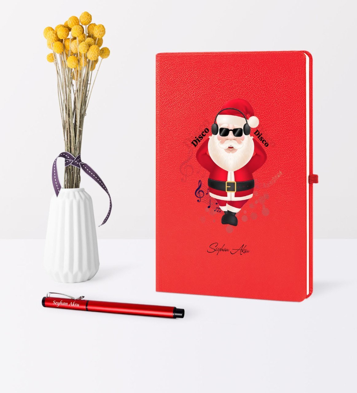 Kişiye Özel Yılbaşı Noel Baba Temalı Kırmızı Defter Kalem Seti - 1
