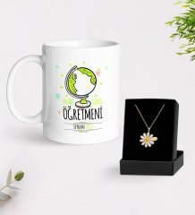 Kişiye Özel En İyi Sınıf Öğretmeni Beyaz Kupa ve Papatya Kolye Hediye Seti-3