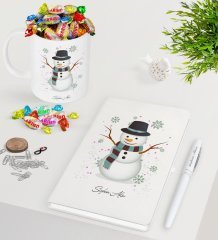 Kişiye Özel Kardan Adam Beyaz Defter Kalem Kupa ve Haribo Şeker Hediye Seti-1