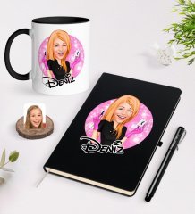 Kişiye Özel Kadın Güzellik Uzmanı Karikatürlü Siyah Defter Kalem ve Kupa Seti-3