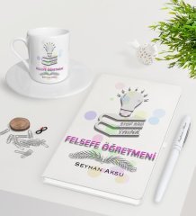 Kişiye Özel Felsefe Öğretmeni Beyaz Defter Kalem Türk Kahvesi Fincanı Seti-2