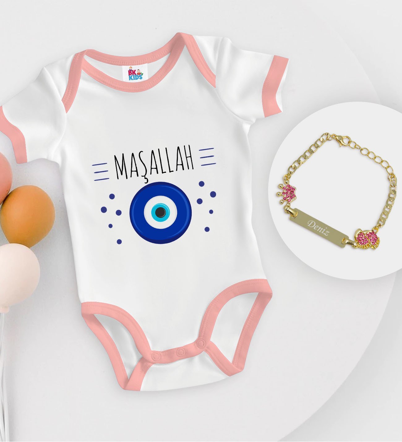 BK Kids Kişiye Özel Maşallah Tasarımlı Pembe Bebek Body Zıbın ve Kız Bebek Künyesi Hediye Seti-1