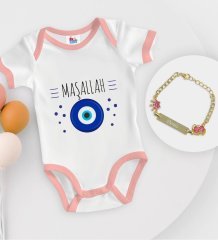 BK Kids Kişiye Özel Maşallah Tasarımlı Pembe Bebek Body Zıbın ve Kız Bebek Künyesi Hediye Seti-1