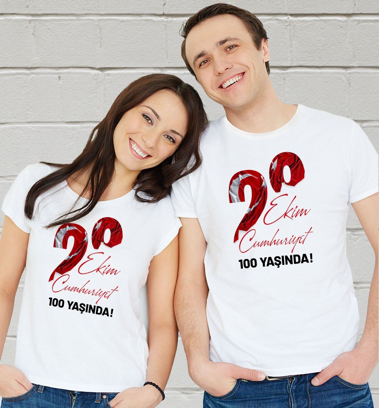 BK Gift 29 Ekim Tasarımlı 2’li Yetişkin Çift Beyaz Tişört-8, 29 Ekim Hediyesi, Trend Tişört, 100.Yıl Hediyesi