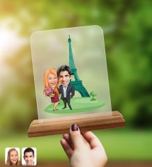 BK Gift Kişiye Özel Sevgililer Eyfel Kulesi Karikatürlü Ahşap Standlı Pleksi Biblo-2