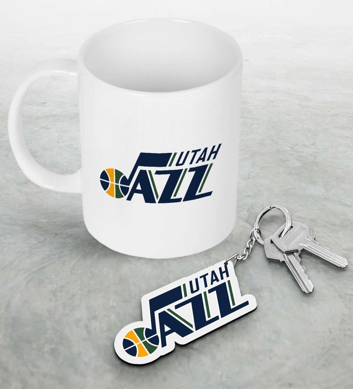 NBA Utah Jazz Beyaz Kupa ve Ahşap Anahtarlık Seti