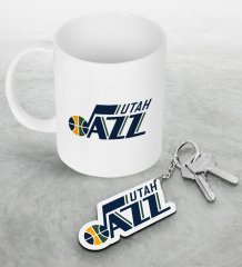 NBA Utah Jazz Beyaz Kupa ve Ahşap Anahtarlık Seti