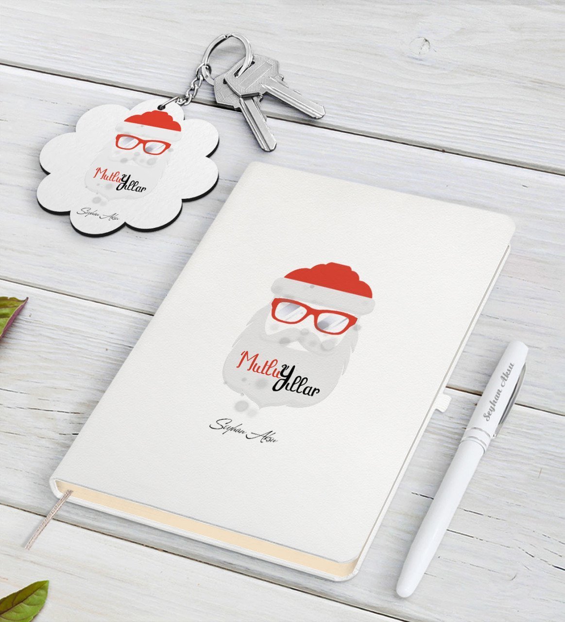 Kişiye Özel Noel Baba Beyaz Defter Kalem ve Anahtarlık Hediye Seti-2