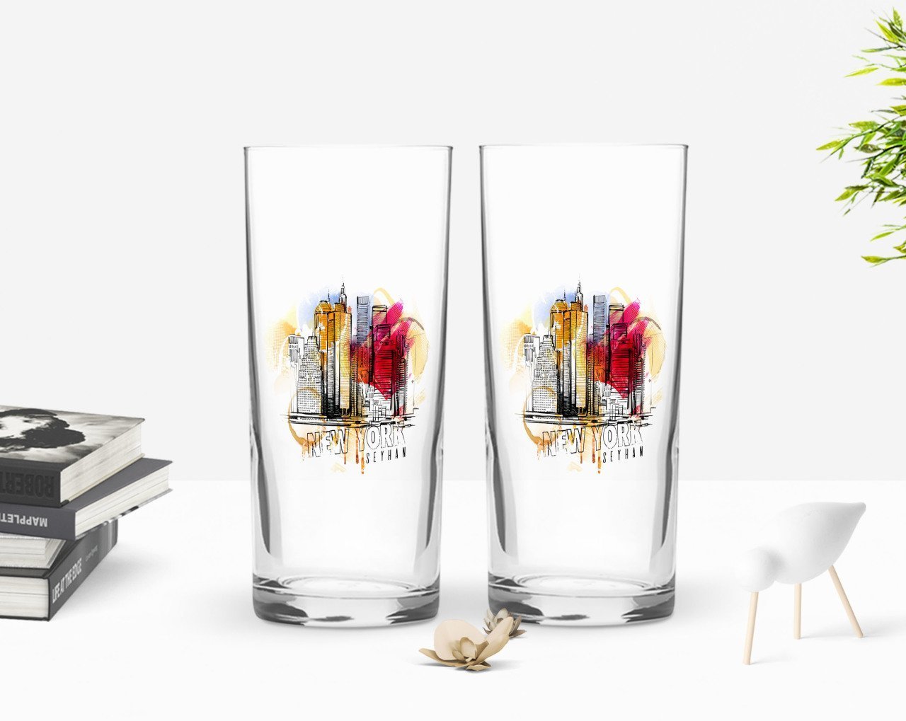 Kişiye Özel Renkli Baskılı Newyork Tasarımlı İkili Rakı Bardağı Seti-1