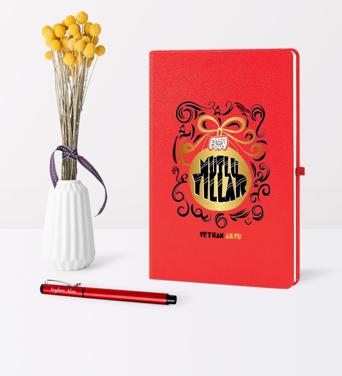 Kişiye Özel Yılbaşı Mutlu Yıllar Temalı Kırmızı Defter Kalem Seti - 9