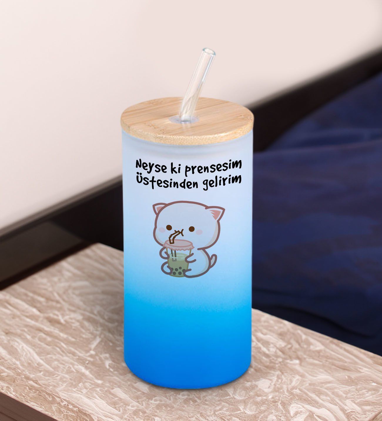 BK Gift Esprili Tasarım Mavi Renk Pipetli Buzlu Cam Bardak 600ml - 4, Arkadaşa Hediye, Doğum Günü Hediyesi