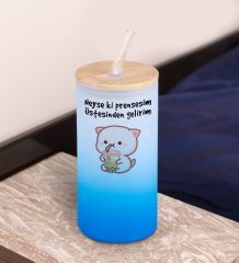 BK Gift Esprili Tasarım Mavi Renk Pipetli Buzlu Cam Bardak 600ml - 4, Arkadaşa Hediye, Doğum Günü Hediyesi