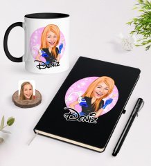 Kişiye Özel Kadın Güzellik Uzmanı Karikatürlü Siyah Defter Kalem ve Kupa Seti-2