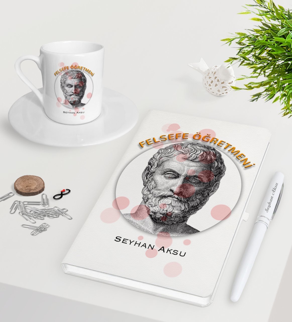 Kişiye Özel Felsefe Öğretmeni Beyaz Defter Kalem Türk Kahvesi Fincanı Seti-1