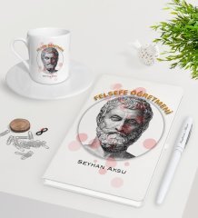 Kişiye Özel Felsefe Öğretmeni Beyaz Defter Kalem Türk Kahvesi Fincanı Seti-1