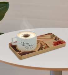 Kişiye Özel Çiçekler Tasarımlı Doğal Ahşap Tabaklı Seramik Fincan Sunum Seti  Model 3