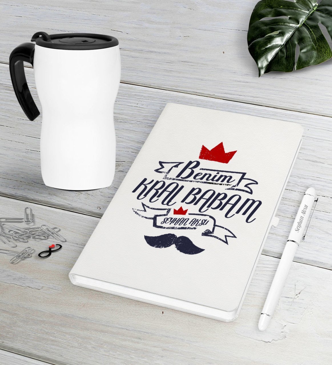 Kişiye Özel Benim Kral Babam Beyaz Defter Kalem Termos Mug Seti