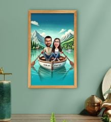 BK Gift Kişiye Özel Teknede Oturan Çift Karikatürlü Ahşap Çerçeveli Tablo-1 40x25cm, Sevgililer Günü, Sevgiliye Hediye