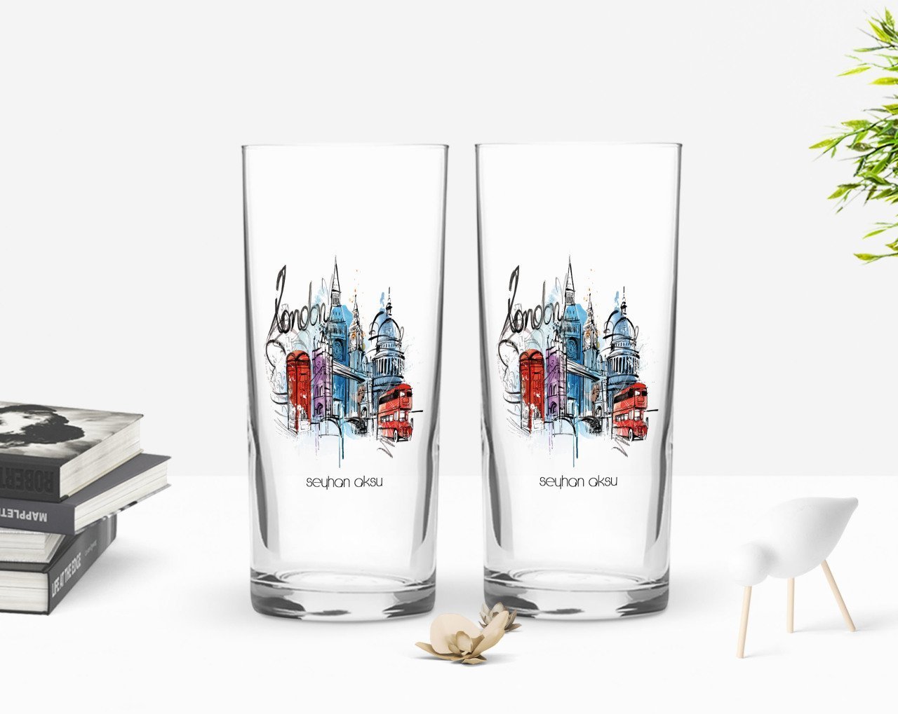 Kişiye Özel Renkli Baskılı London Tasarımlı İkili Rakı Bardağı Seti-4