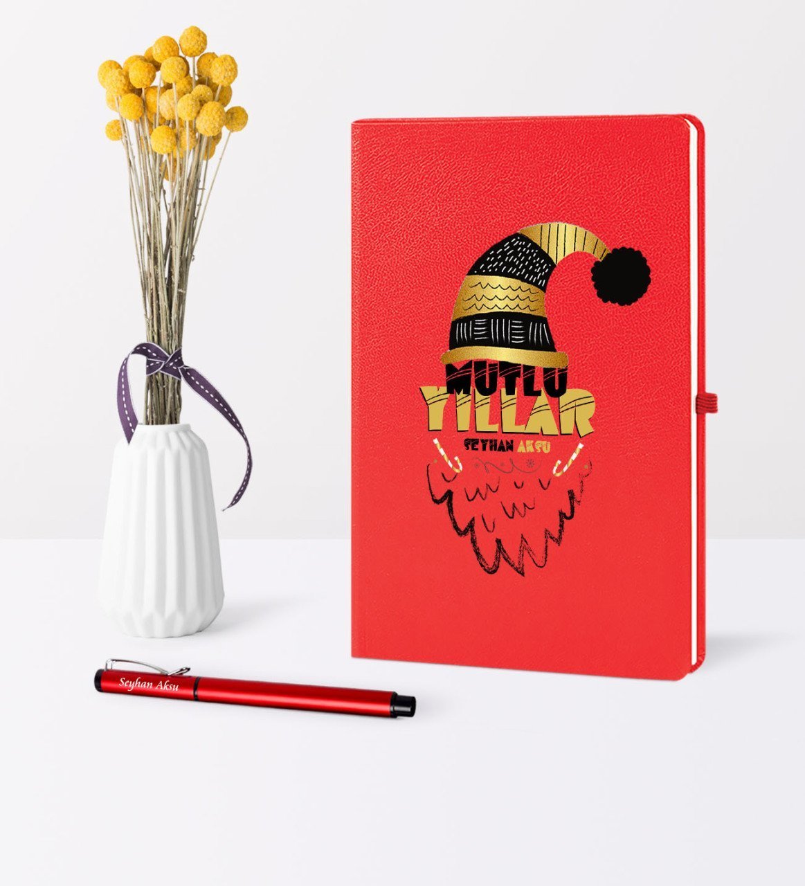 Kişiye Özel Yılbaşı Mutlu Yıllar Temalı Kırmızı Defter Kalem Seti - 8