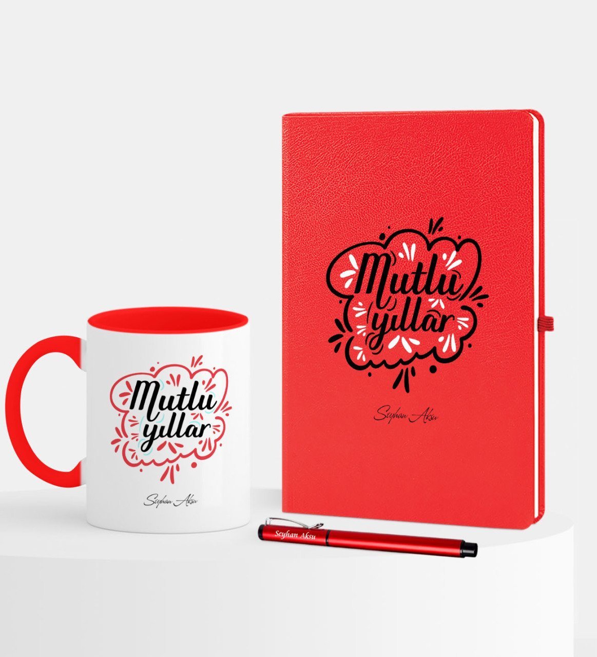 Kişiye Özel Yılbaşı Mutlu Yıllar Temalı Kırmızı Defter Kalem Kupa Seti - 4