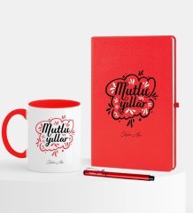Kişiye Özel Yılbaşı Mutlu Yıllar Temalı Kırmızı Defter Kalem Kupa Seti - 4